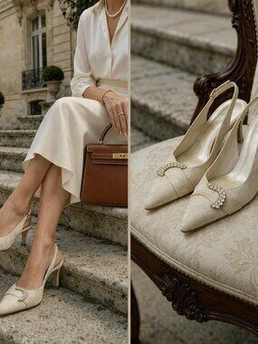 Stuart Weitzman Slingback Heels Beige Suede Rhinestone Buckle Pointed Toe US 8 M